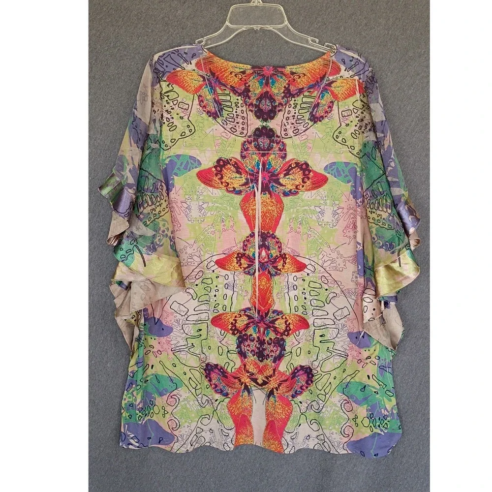 One World Butterfly Print Angel Sleeve Tunic Top Blouse 2X Multicolor Boho - Picture 2 of 6